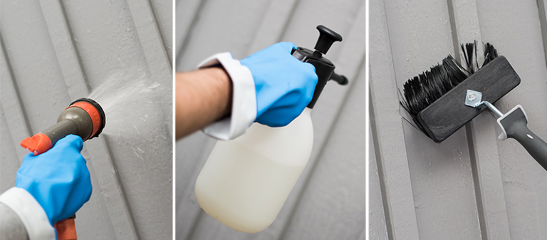 Tvätta fasaden i tre enkla steg - med slang, lågtryckspump och en riktigt bra tvättborste anpassad för fasad.