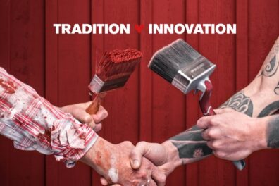 Personer skakar hand med Anza rödfärgspenslar i handen